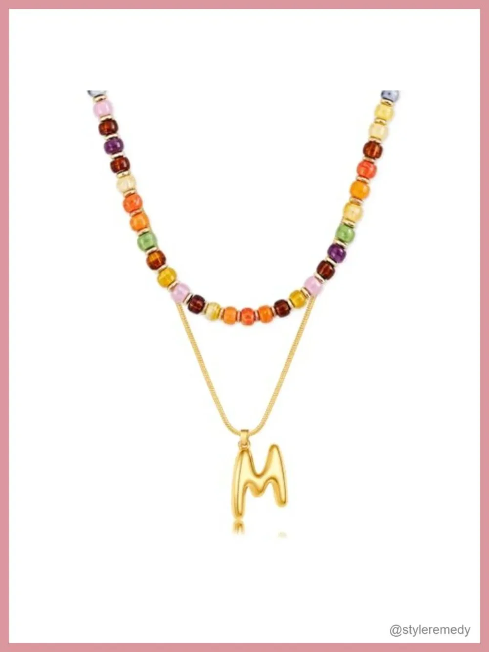 Layered Initial Pendant with Beaded Choker, 14K Gold Plated Acrylic